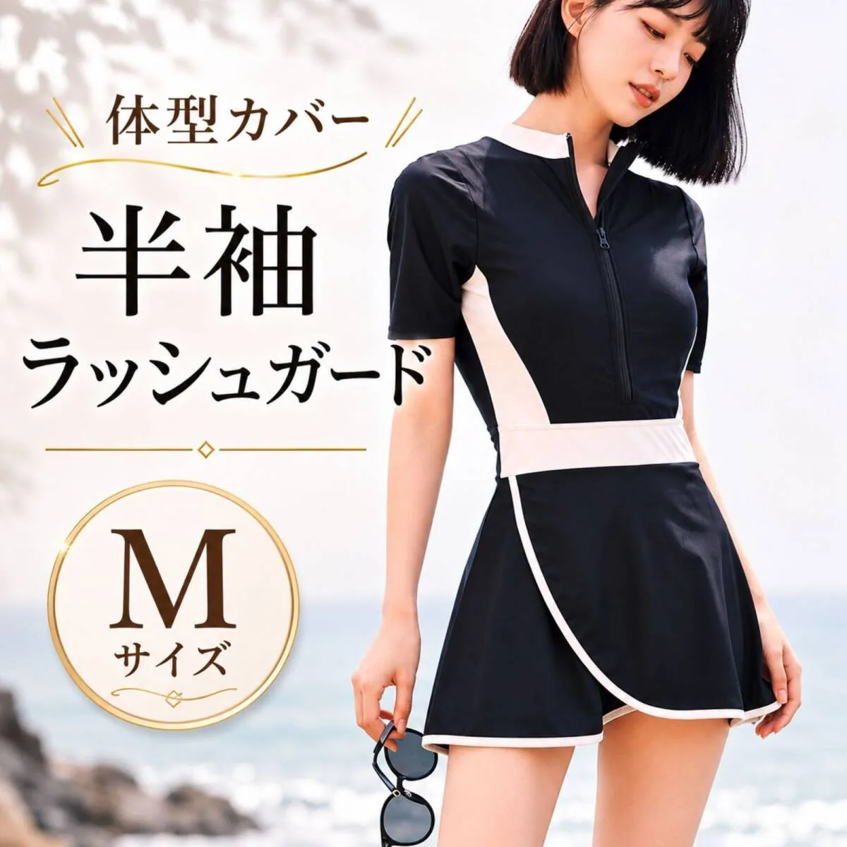 女士连体泳衣 黑色半袖防晒 体型遮盖 M码 未使用 以900日元成交_樱花直邮