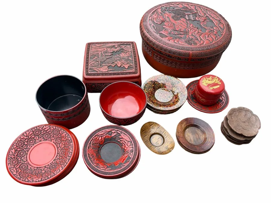 堆朱风格漆器茶托、菓子皿与小物盒一组:日本雅虎拍卖以 510 日元成交_樱花直邮