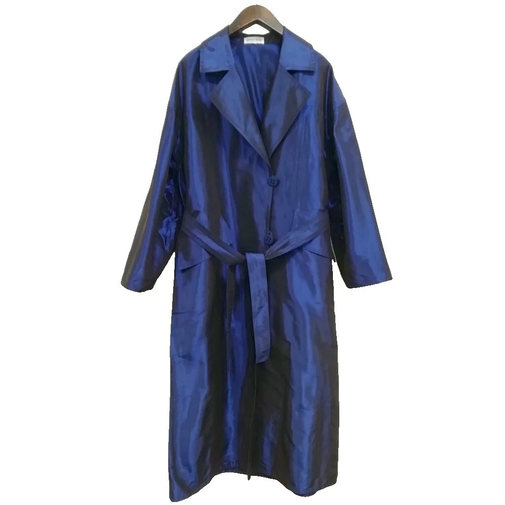 HANAE MORI 90 年代醋酸纤维真丝长款风衣式外套整体外观,蓝色光泽面料