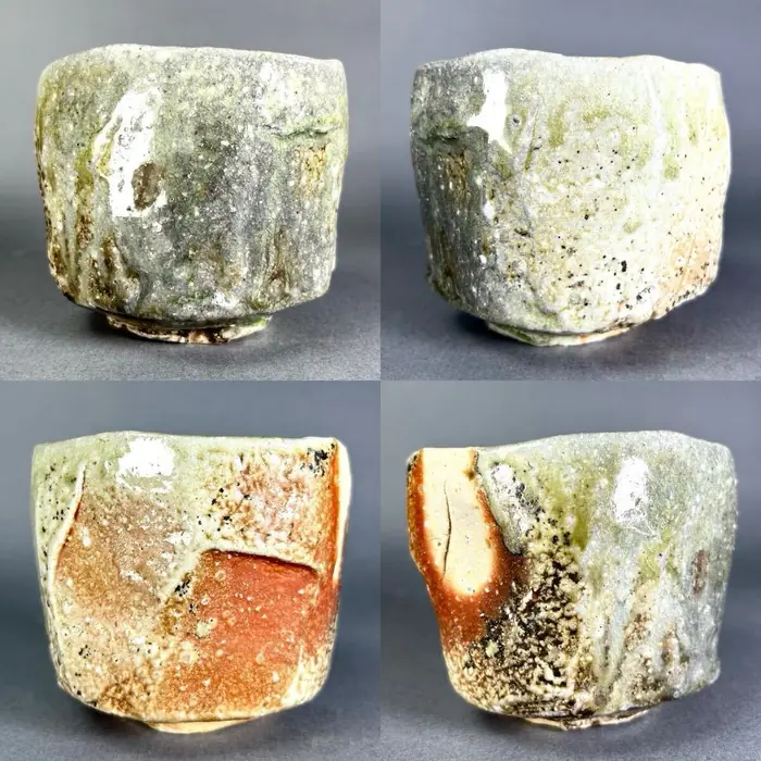 伊贺茶碗侧面展示窑变与变形细节