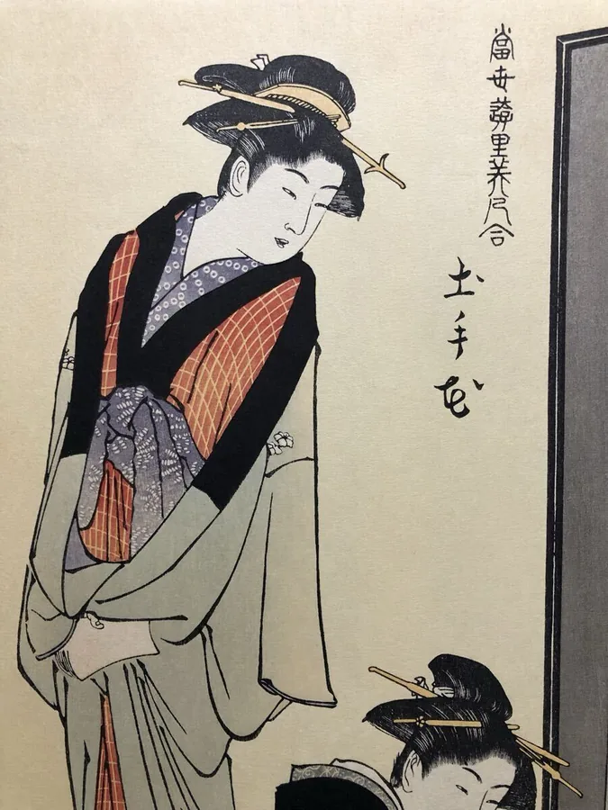 木版画画面局部,可见美人画人物细节
