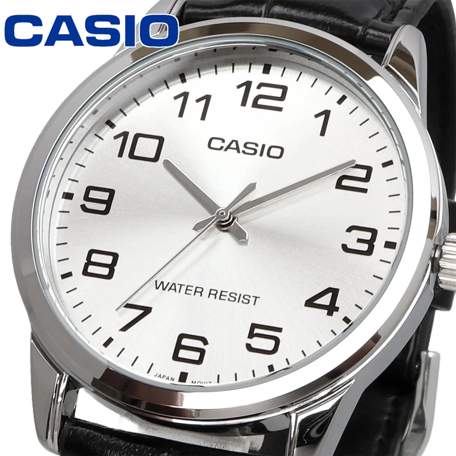 CASIO MTP-V001L-7B 石英表整体外观,银色表盘搭配黑色皮革表带